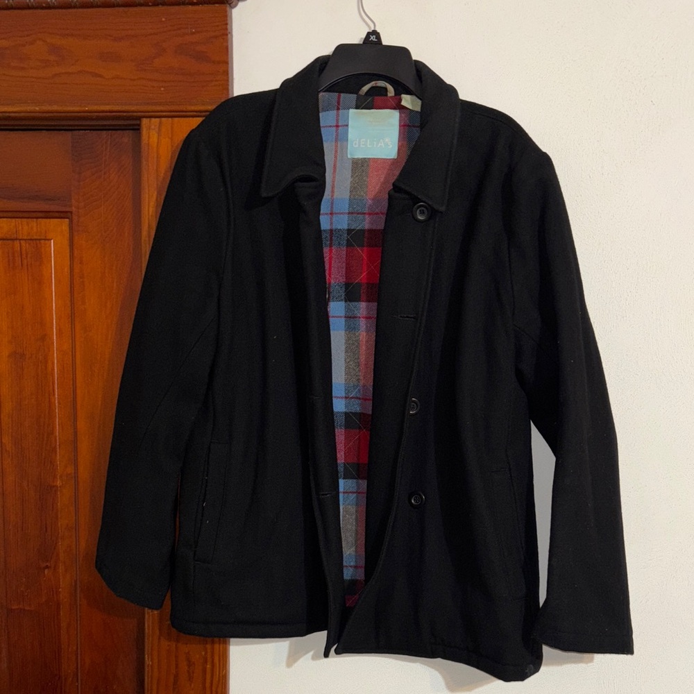 dELiA*s Black Pea Coat with Red and Blue Plaid Lining